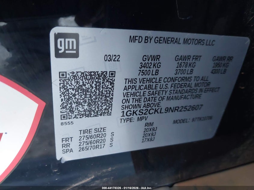2022 Gmc Yukon VIN 1GKS2CKL9NR252607 IAAI salvage auction — LEFT FRONT, Clear (Oklahoma), sold $12,000 on 2026-07-29 (photo 9)