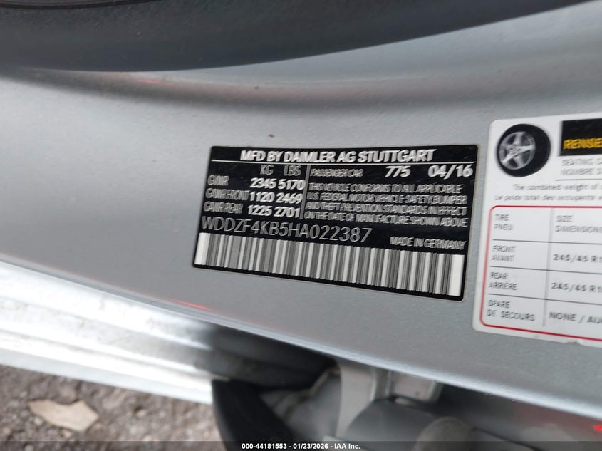 2017 Mercedes-benz E-klasse VIN WDDZF4KB5HA022387 IAAI salvage auction — FRONT END, Salvage Title, sold $5,800 on 2026-08-20 (photo 9)