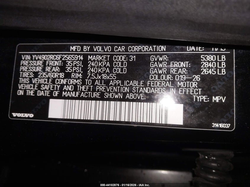 2015 Volvo Xc60 VIN YV4902RC6F2565914 IAAI salvage auction — FRONT END, Salvage Title, sold $2,825 on 2026-07-20 (photo 9)
