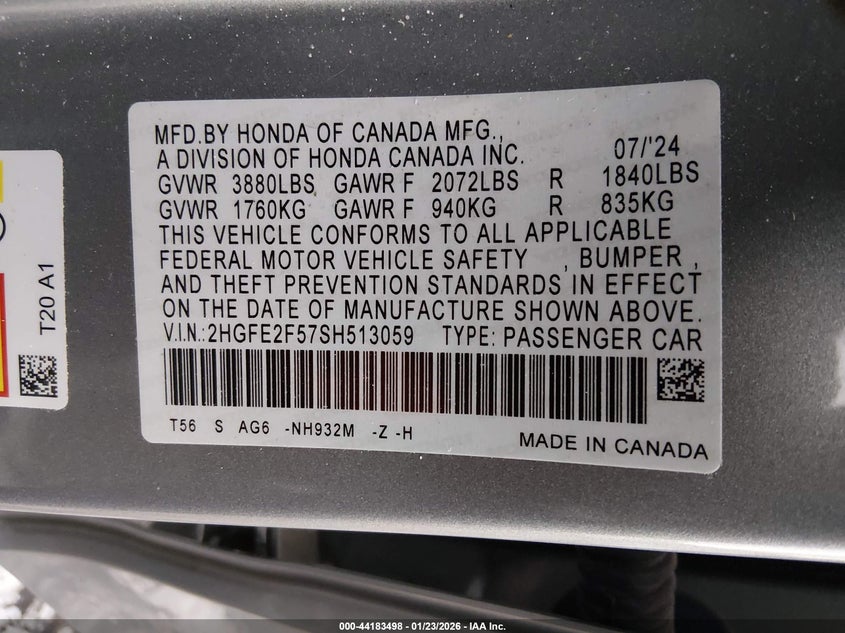 2025 Honda Civic VIN 2HGFE2F57SH513059 IAAI salvage auction — FRONT & REAR, Salvage (New Jersey), sold $7,425 on 2026-07-20 (photo 9)