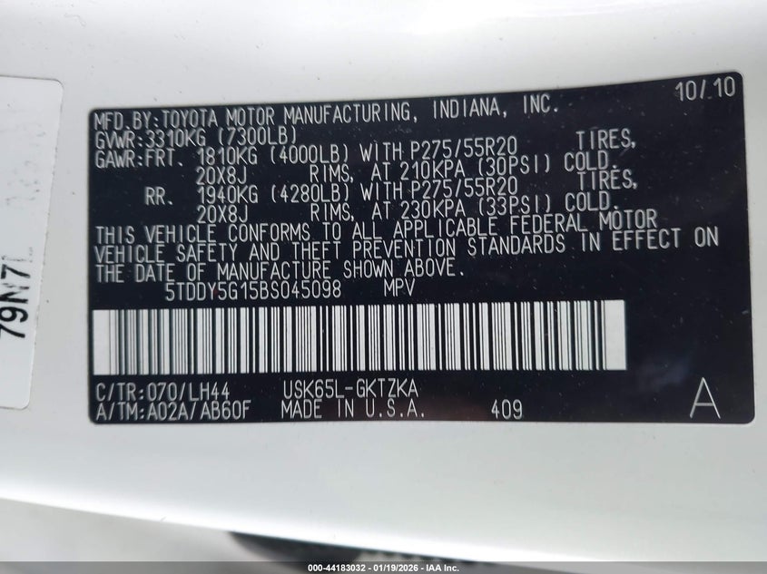 2011 Toyota Sequoia VIN 5TDDY5G15BS045098 IAAI salvage auction — LEFT FRONT, Salvage (New Jersey), sold $3,900 on 2026-07-25 (photo 9)