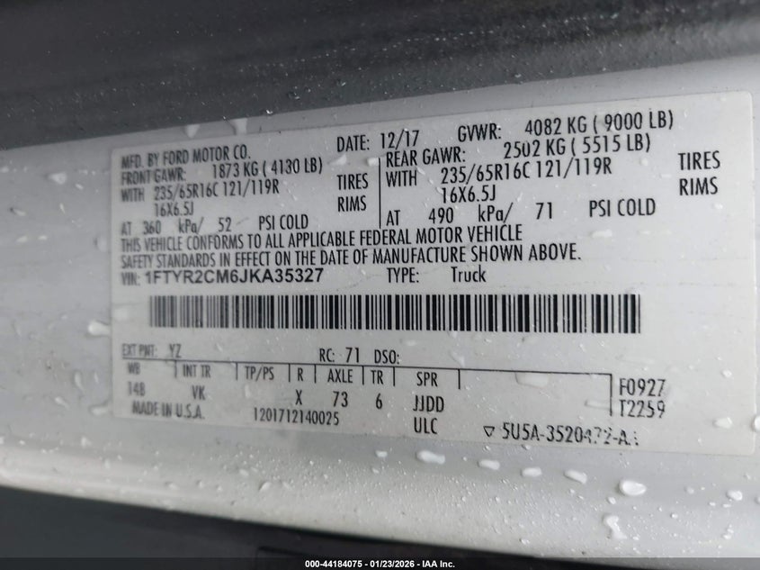 2018 Ford Transit VIN 1FTYR2CM6JKA35327 IAAI salvage auction — RIGHT SIDE, Salvage Title, sold $2,850 on 2026-07-22 (photo 9)
