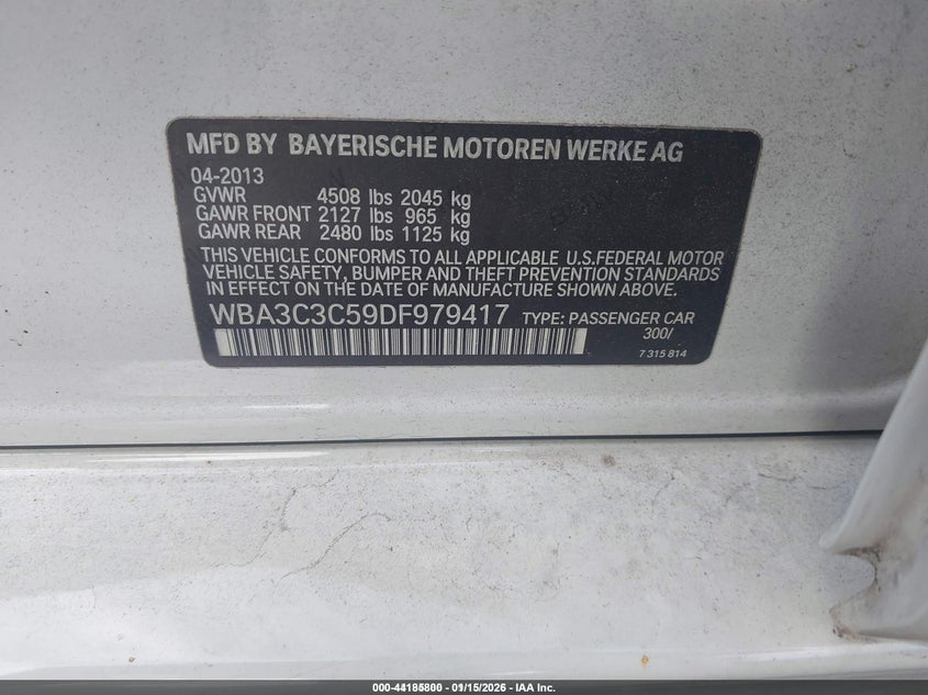 2013 BMW 3er VIN WBA3C3C59DF979417 IAAI salvage auction — FRONT END, Mv-907A (New York), sold $700 on 2026-08-04 (photo 9)