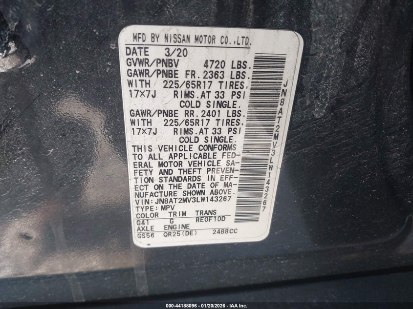 2020 Nissan Rogue VIN JN8AT2MV3LW143267 IAAI salvage auction — LEFT SIDE, Salvage Title, sold $3,350 on 2026-07-10 (photo 9)