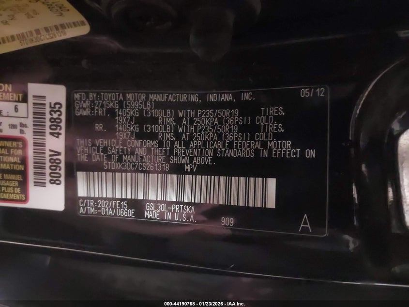 2012 Toyota Sienna VIN 5TDXK3DC7CS261318 IAAI salvage auction — FRONT END, Salvage Title, sold $1,450 on 2026-07-24 (photo 9)