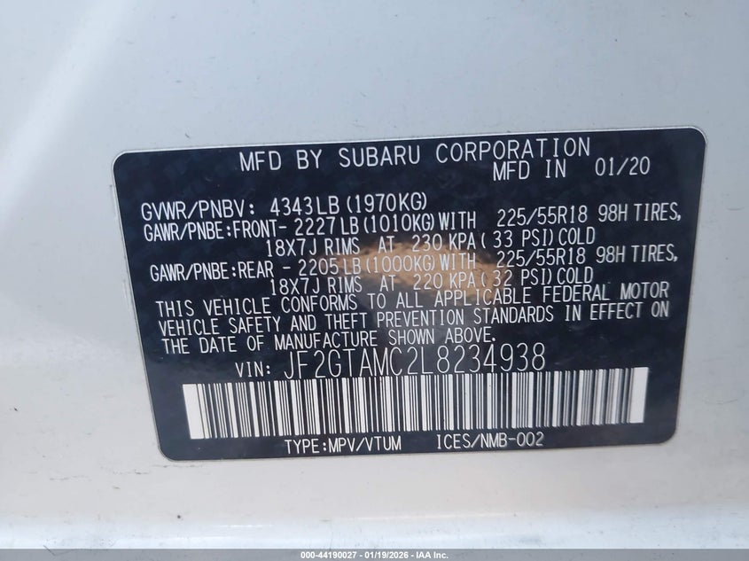 2020 Subaru Crosstrek VIN JF2GTAMC2L8234938 IAAI salvage auction — REAR END, Other, sold $4,975 on 2026-07-15 (photo 9)
