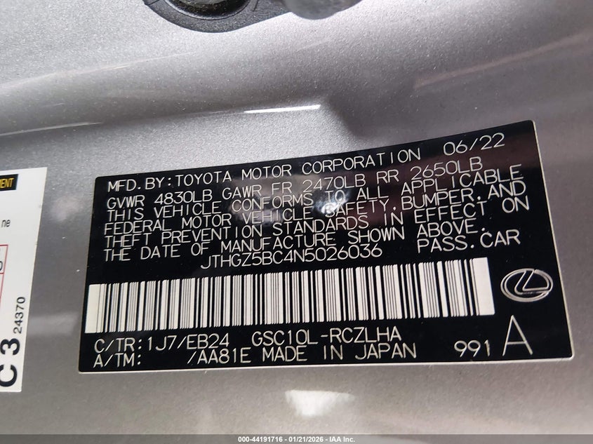 2022 Lexus Rc VIN JTHGZ5BC4N5026036 IAAI salvage auction — UNKNOWN, Salvage (California), sold $9,600 on 2026-08-18 (photo 9)