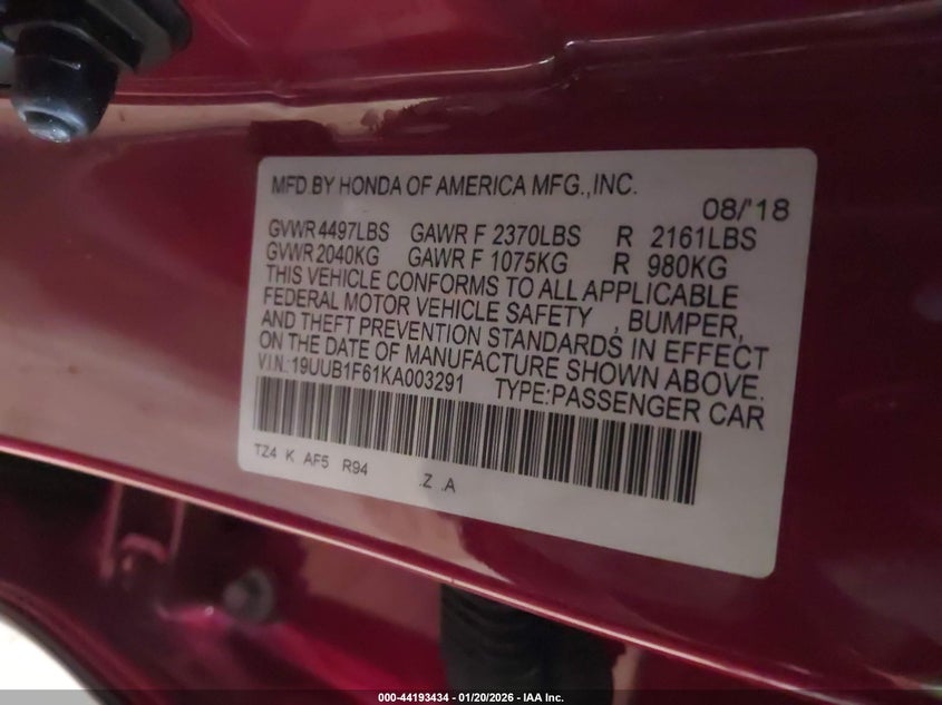 2019 Acura Tlx VIN 19UUB1F61KA003291 IAAI salvage auction — FRONT & REAR, Salvage (Idaho), sold $1,150 on 2026-08-03 (photo 9)
