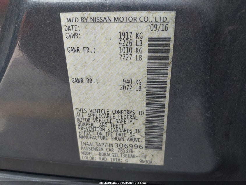 2017 Nissan Altima VIN 1N4AL3AP7HN306996 IAAI salvage auction — TRANSMISSION, Salvage Title, sold $1,850 on 2026-08-02 (photo 9)