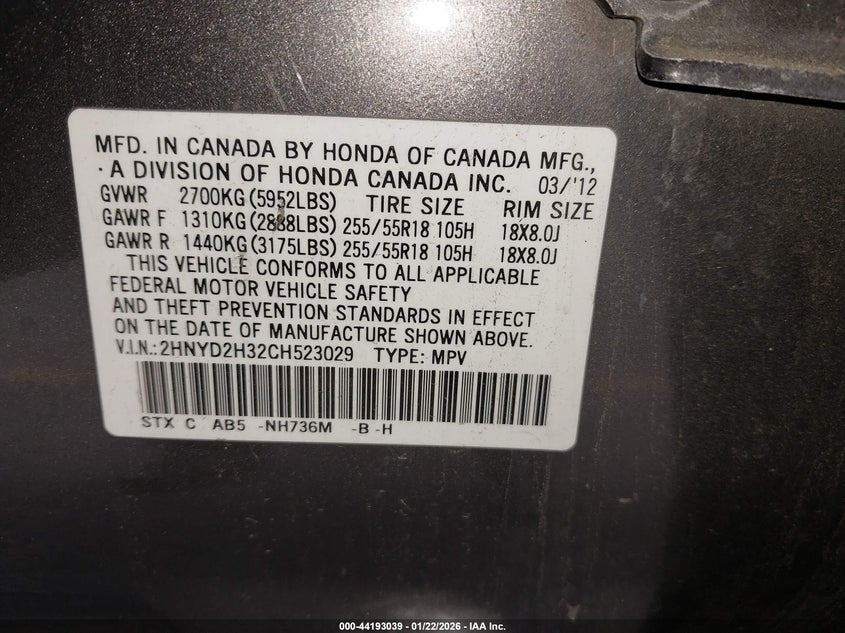 2012 Acura Mdx VIN 2HNYD2H32CH523029 IAAI salvage auction — RIGHT REAR, Salvage Title, sold $2,900 on 2026-08-02 (photo 9)