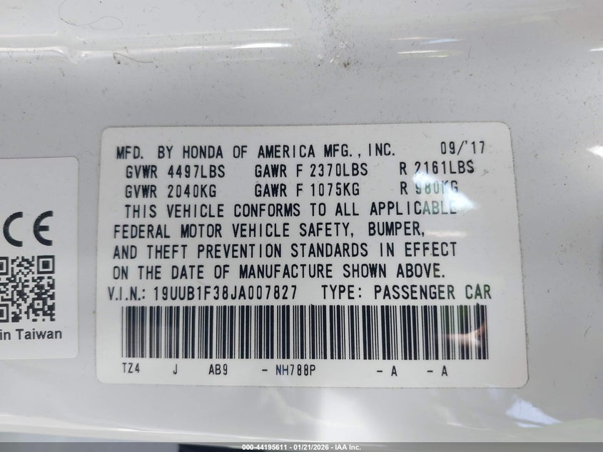 2018 Acura Tlx VIN 19UUB1F38JA007827 IAAI salvage auction — FRONT END, Salvage Title, sold $2,450 on 2026-07-29 (photo 9)