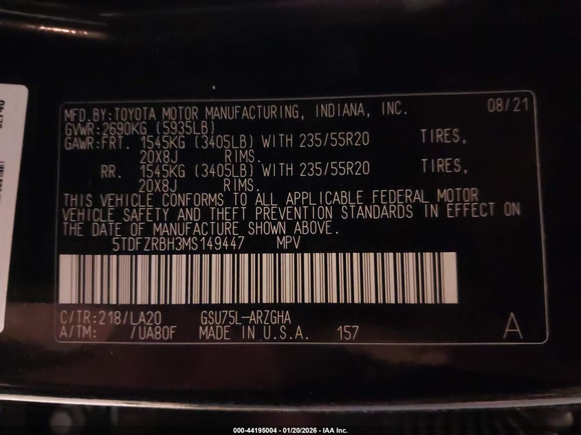 2021 Toyota Highlander VIN 5TDFZRBH3MS149447 IAAI salvage auction — SIDE, Salvage Title, sold $17,400 on 2026-08-02 (photo 9)