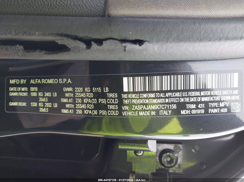 2019 Alfa romeo Stelvio VIN ZASPAJAN6K7C71156 IAAI salvage auction — LEFT FRONT, Salvage Title, sold $3,750 on 2026-07-21 (photo 9)