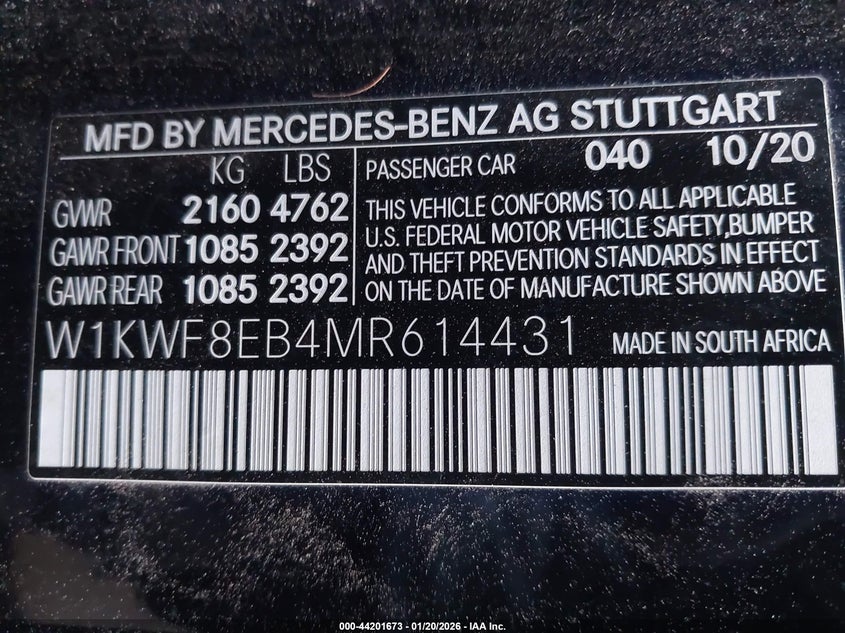 2021 Mercedes-benz C-klasse VIN W1KWF8EB4MR614431 IAAI salvage auction — RIGHT REAR, Salvage Title, sold $25 on 2026-07-29 (photo 9)