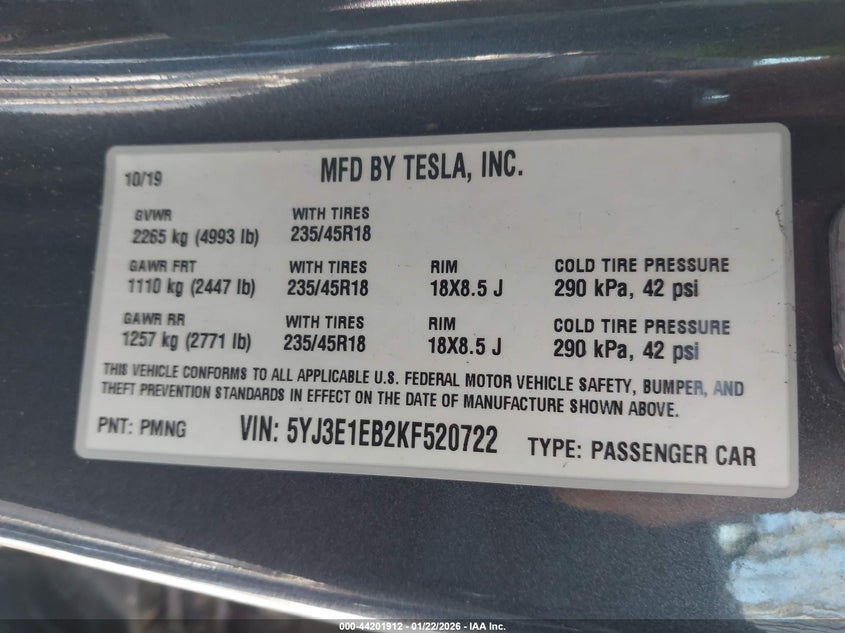 2019 Tesla Model 3 VIN 5YJ3E1EB2KF520722 IAAI salvage auction — LEFT FRONT, Salvage (New Jersey), sold $6,175 on 2026-07-30 (photo 9)