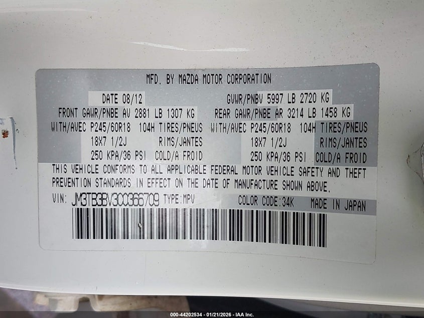 2012 Mazda Cx-9 VIN JM3TB3BV3C0366709 IAAI salvage auction — FRONT & REAR, Other, sold $1,100 on 2026-07-29 (photo 9)