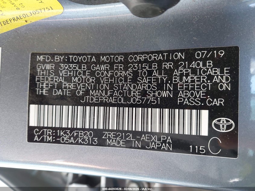 2020 Toyota Corolla VIN JTDEPRAE0LJ057751 IAAI salvage auction — FRONT & REAR, Salvage Title, sold $2,550 on 2026-07-23 (photo 9)