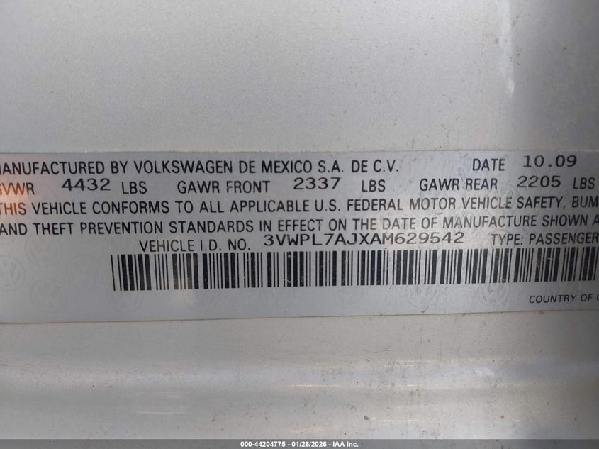 2010 Volkswagen Jetta VIN 3VWPL7AJXAM629542 IAAI salvage auction — REAR END, Salvage (Texas), sold $400 on 2026-07-09 (photo 9)
