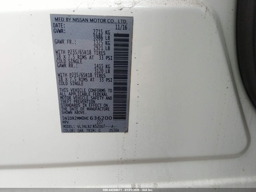 2017 Nissan Pathfinder VIN 5N1DR2MM0HC636200 IAAI salvage auction — FRONT END, Other, sold $125 on 2026-07-10 (photo 9)