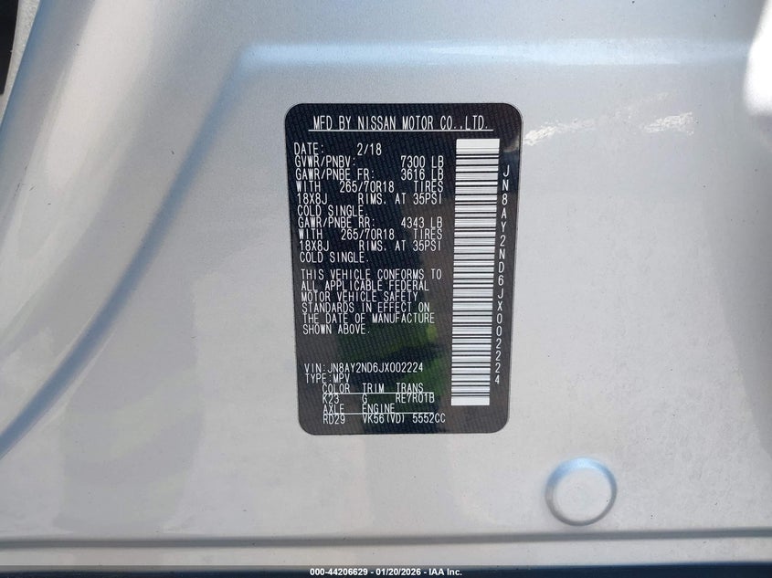 2018 Nissan Armada VIN JN8AY2ND6JX002224 IAAI salvage auction — LEFT SIDE, Clear (Hawaii), sold $2,075 on 2026-07-14 (photo 9)