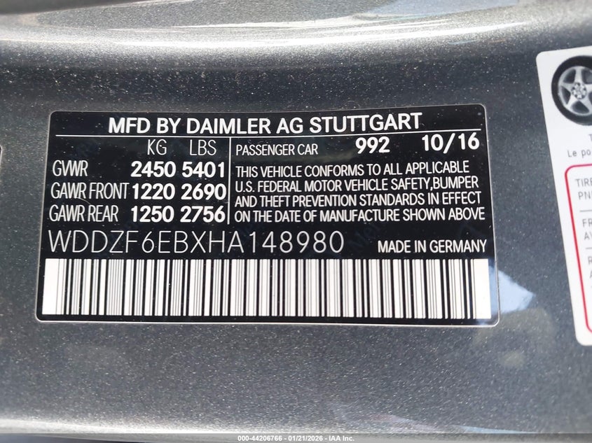 2017 Mercedes-benz VIN WDDZF6EBXHA148980 IAAI salvage auction — FRONT END, Salvage (Georgia), sold $6,700 on 2026-07-08 (photo 9)
