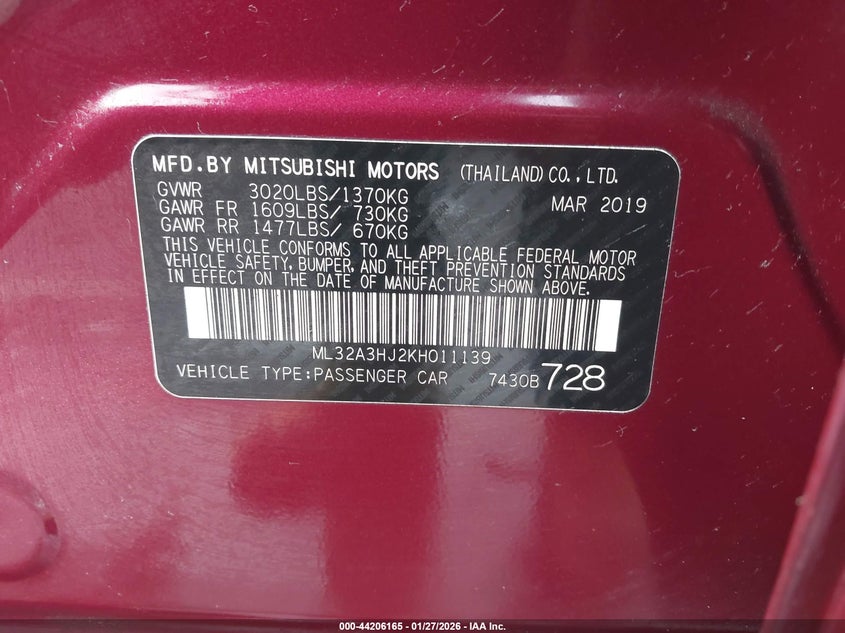 2019 Mitsubishi Mirage VIN ML32A3HJ2KH011139 IAAI salvage auction — LEFT SIDE, Original (Texas), sold $1,550 on 2026-07-14 (photo 9)