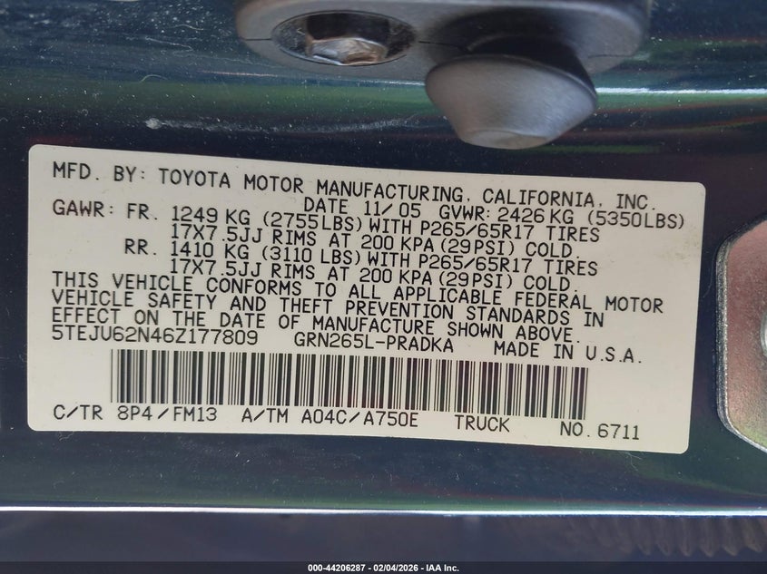 2006 Toyota Tacoma VIN 5TEJU62N46Z177809 IAAI salvage auction — REAR END, Original (Texas), sold $6,400 on 2026-07-08 (photo 9)