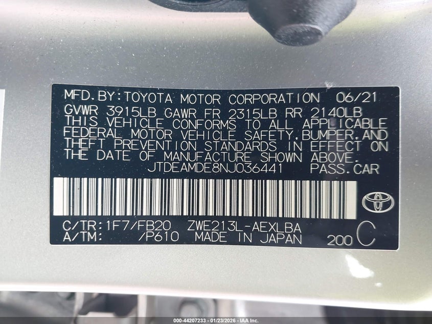 2022 Toyota Corolla VIN JTDEAMDE8NJ036441 IAAI salvage auction — FRONT END, Salvage - Greater Than 75% (Maryland), sold $4,600 on 2026-07-13 (photo 9)