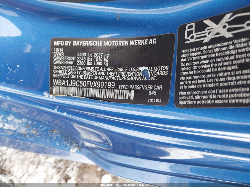 2015 BMW 2er VIN WBA1J9C50FVX99199 IAAI salvage auction — ALL OVER, Salvage Title, sold $1,375 on 2026-07-17 (photo 9)