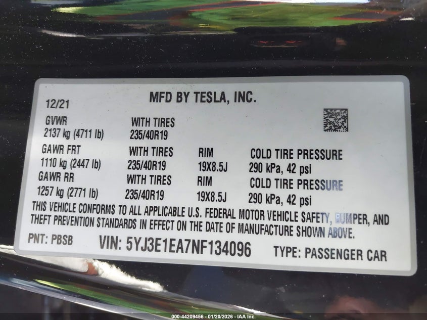 2022 Tesla Model 3 VIN 5YJ3E1EA7NF134096 IAAI salvage auction — LEFT REAR, Salvage Title, sold $50 on 2026-07-29 (photo 9)