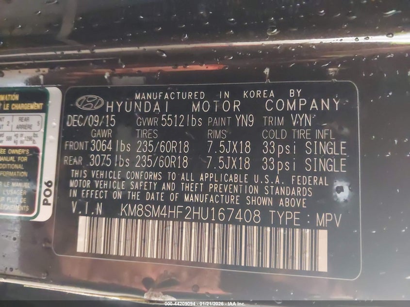 2017 Hyundai Santa fe VIN KM8SM4HF2HU167408 IAAI salvage auction — FRONT END, Salvage (Missouri), sold $25 on 2026-07-21 (photo 9)