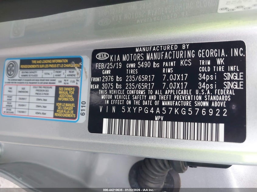 2019 Kia Sorento VIN 5XYPG4A57KG576922 IAAI salvage auction — FRONT END, Salvage Title, sold $1,000 on 2026-07-16 (photo 9)