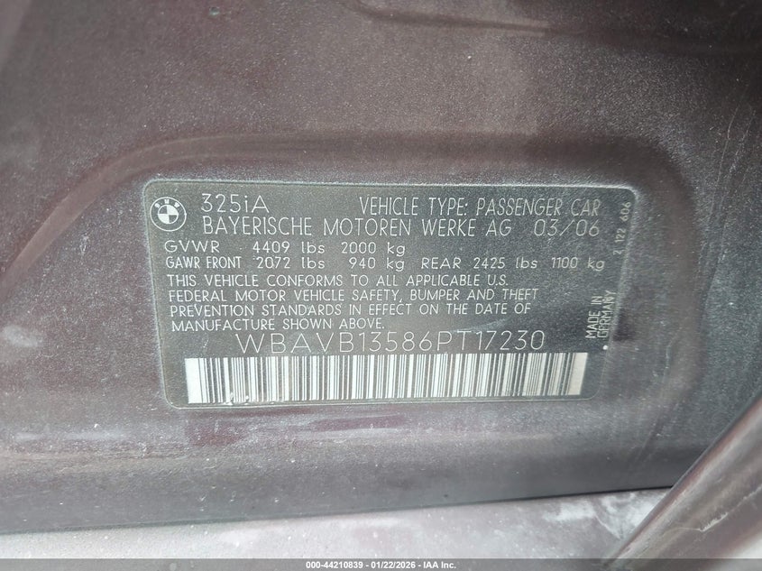2006 BMW 3 series VIN WBAVB13586PT17230 IAAI salvage auction — RIGHT REAR, Clear (Virginia), sold $200 on 2026-07-06 (photo 9)