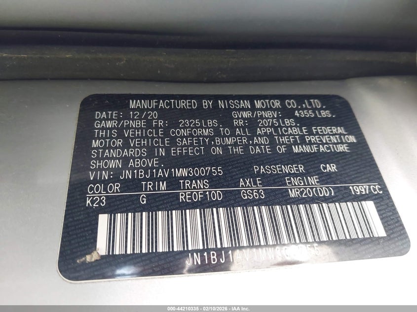 2021 Nissan Rogue VIN JN1BJ1AV1MW300755 IAAI salvage auction — FRONT END, Salvage Title, sold $2,325 on 2026-07-09 (photo 9)