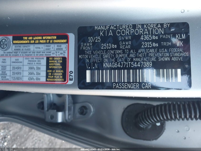 2026 Kia K5 VIN KNAG64J71T5447389 IAAI salvage auction — FRONT END, Salvage Title, sold $7,700 on 2026-07-15 (photo 9)