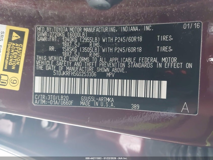 2016 Toyota Highlander VIN 5TDJKRFH5GS253306 IAAI salvage auction — FRONT END, Salvage (Vermont), sold $4,200 on 2026-07-18 (photo 9)