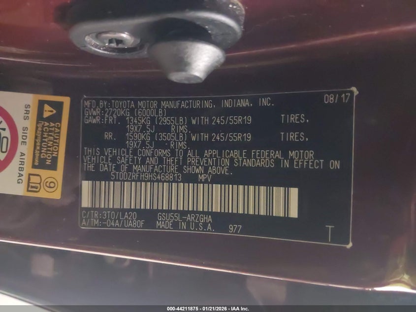 2017 Toyota Highlander VIN 5TDDZRFH9HS468813 IAAI salvage auction — FRONT END, Salvage (Iowa), sold $4,150 on 2026-07-21 (photo 9)