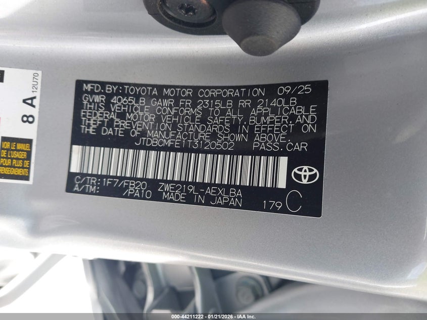 2026 Toyota Corolla VIN JTDBCMFE1T3120502 IAAI salvage auction — LEFT & RIGHT, Salvage Title, sold $5,250 on 2026-07-16 (photo 9)