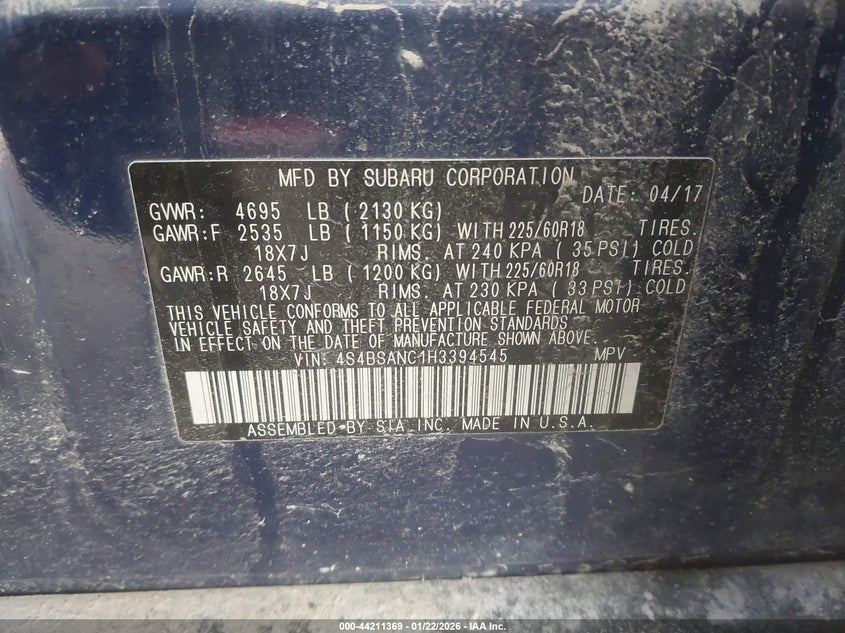 2017 Subaru Outback VIN 4S4BSANC1H3394545 IAAI salvage auction — FRONT END, Salvage (Iowa), sold $25 on 2026-09-08 (photo 9)