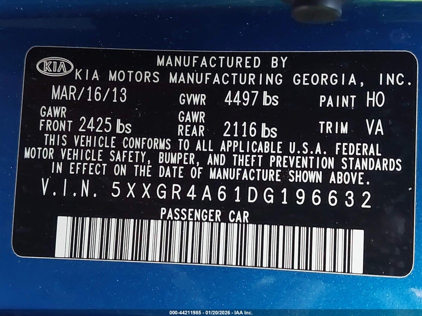 2013 Kia Optima VIN 5XXGR4A61DG196632 IAAI salvage auction — RIGHT SIDE, Salvage Title, sold $25 on 2026-07-29 (photo 9)