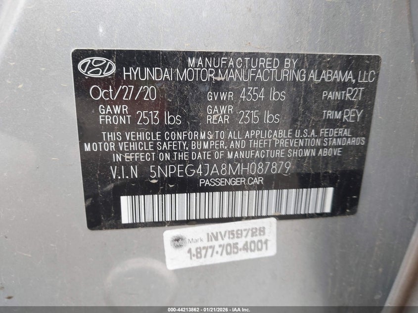 2021 Hyundai Sonata VIN 5NPEG4JA8MH087879 IAAI salvage auction — FRONT END, Salvage Title, sold $1,900 on 2026-07-08 (photo 9)