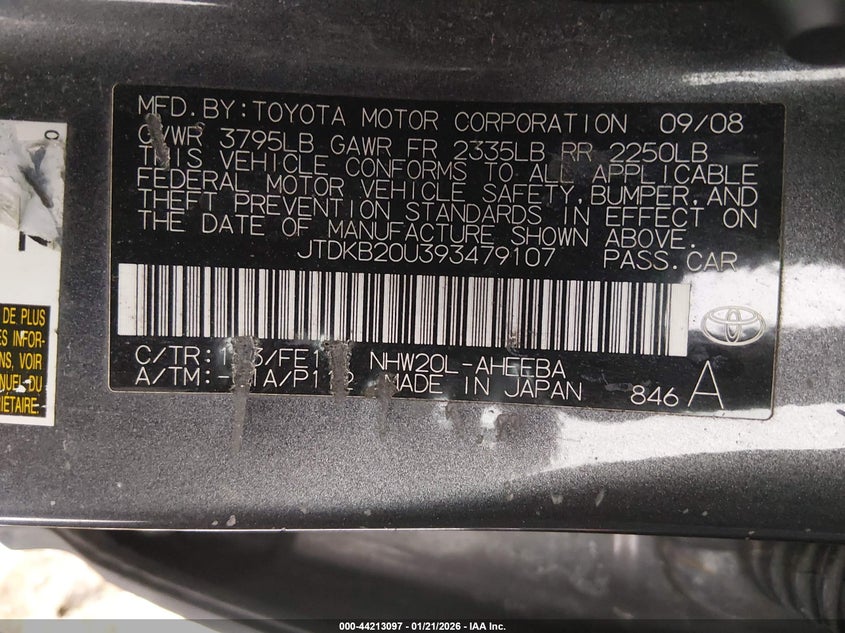 2009 Toyota Prius VIN JTDKB20U393479107 IAAI salvage auction — RIGHT SIDE, Mv-907A (New York), sold $275 on 2026-07-07 (photo 9)