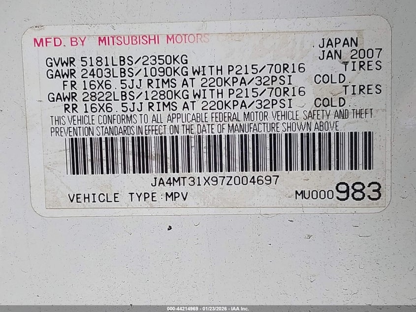 2007 Mitsubishi Outlander VIN JA4MT31X97Z004697 IAAI salvage auction — LEFT SIDE, Salvage (New Jersey), sold $675 on 2026-07-20 (photo 9)