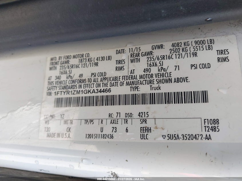 2016 Ford Transit VIN 1FTYR1ZM1GKA34466 IAAI salvage auction — LEFT FRONT, Salvage (California), sold $3,000 on 2026-07-29 (photo 9)