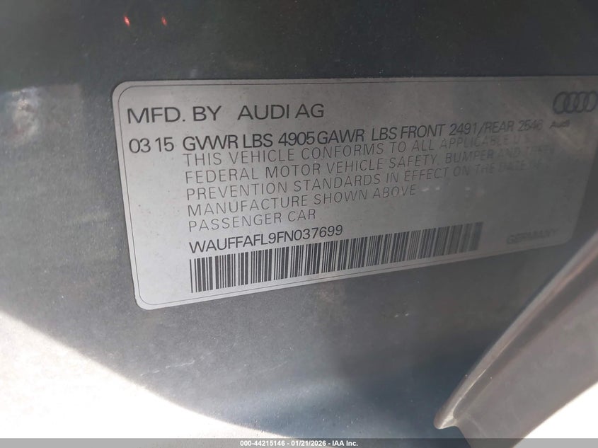2015 Audi A4 VIN WAUFFAFL9FN037699 IAAI salvage auction — REAR END, Salvage (Virginia), sold $1,700 on 2026-07-31 (photo 9)
