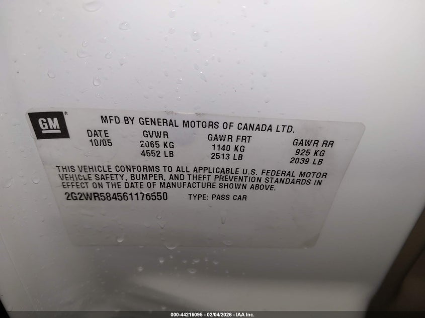 2006 Pontiac Grand prix VIN 2G2WR584561176550 IAAI salvage auction — SIDE, Salvage (Idaho), sold $500 on 2026-07-17 (photo 9)