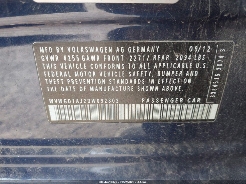 2013 Volkswagen Gti VIN WVWGD7AJ2DW092802 IAAI salvage auction — FRONT END, Salvage (Indiana), sold $1,350 on 2026-07-22 (photo 9)