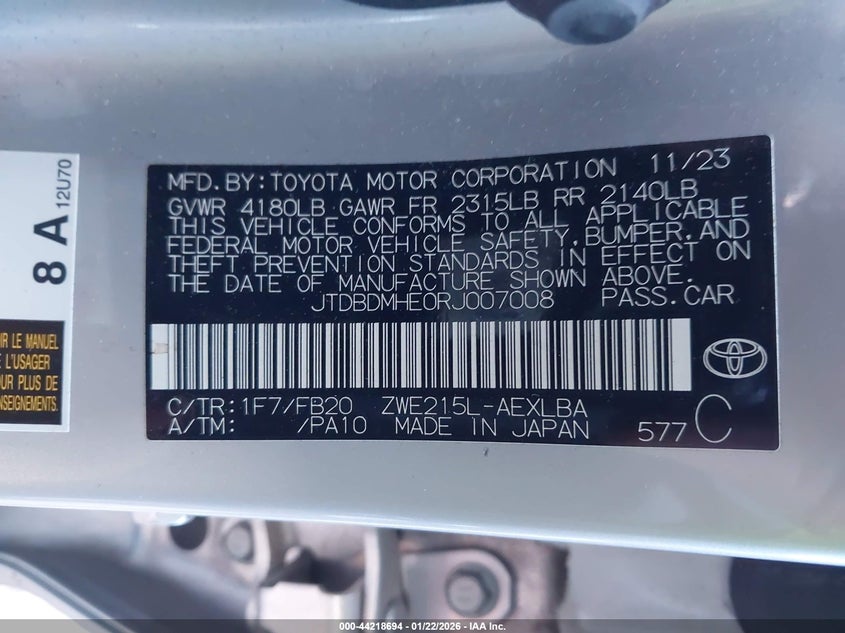2024 Toyota Corolla VIN JTDBDMHE0RJ007008 IAAI salvage auction — FRONT & REAR, Salvage (Indiana), sold $4,350 on 2026-07-30 (photo 9)