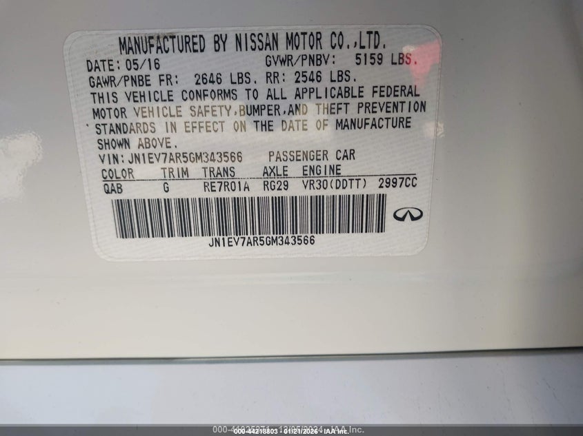 2016 Infiniti Q50 VIN JN1EV7AR5GM343566 IAAI salvage auction — FRONT END, Salvage (Alabama), sold $2,300 on 2026-07-06 (photo 9)