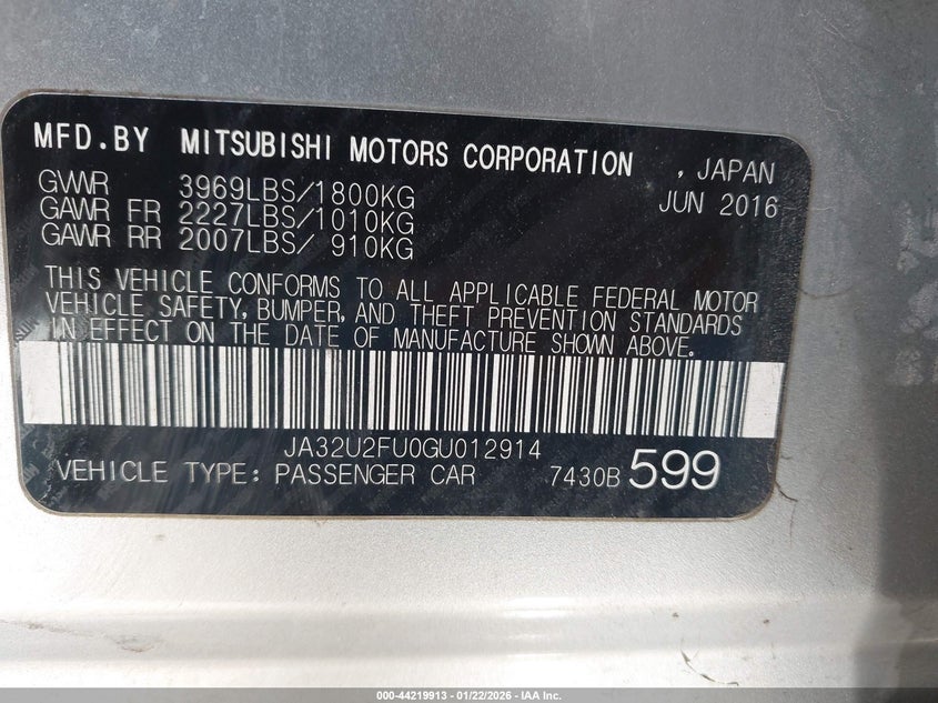 2016 Mitsubishi Lancer VIN JA32U2FU0GU012914 IAAI salvage auction — LEFT FRONT, Original (Texas), sold $1,375 on 2026-07-06 (photo 9)
